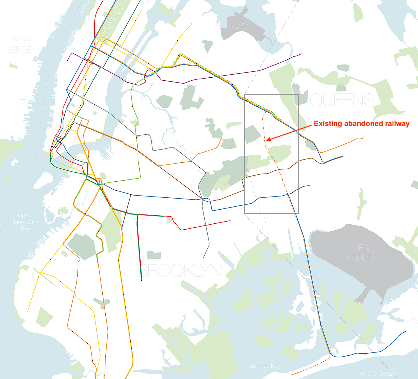 New York City full subway track map showing all lines and the Rockaway Beach Branch corridor